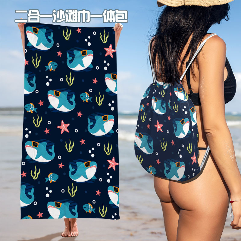 Essential beach towel backpack for seaside vacations, printed quick-dry bath towel, foldable drawstring bag for both swimming and sports