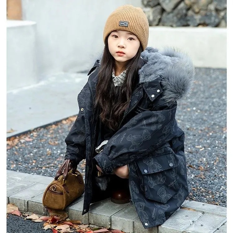 Children's Winter Night Reflective Mid-length Pike Rex Rabbit Fur Collar Fur Cotton Coat