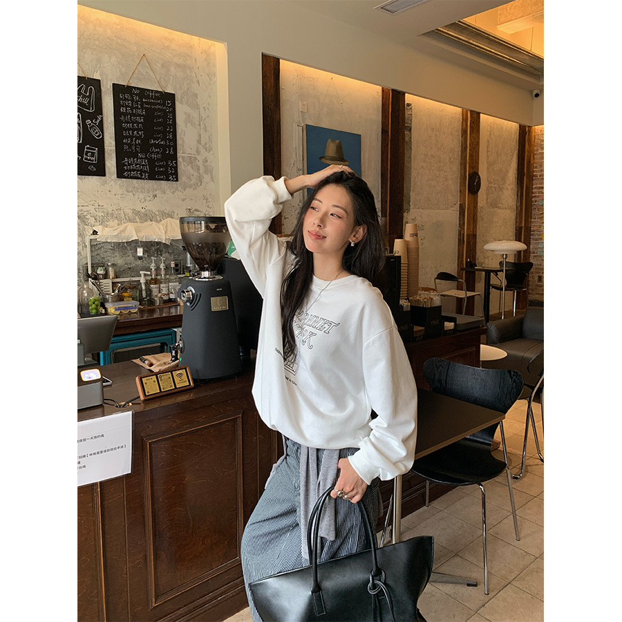 Huang Zheng American Retro Wide Single Wear Sweatshirt Loose Casual Letter Printed Long-Sleeved Top for Women 530889