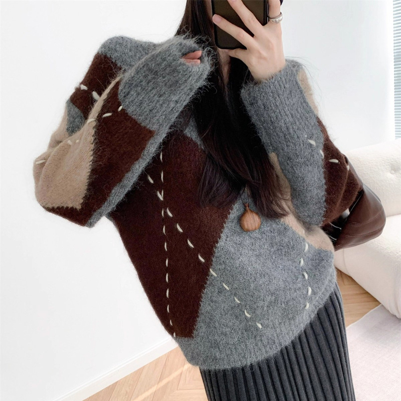 2025 秋冬新韓国レトロ菱形セーター女性のメイラード明線デザインプルオーバー V ネックニットトップ