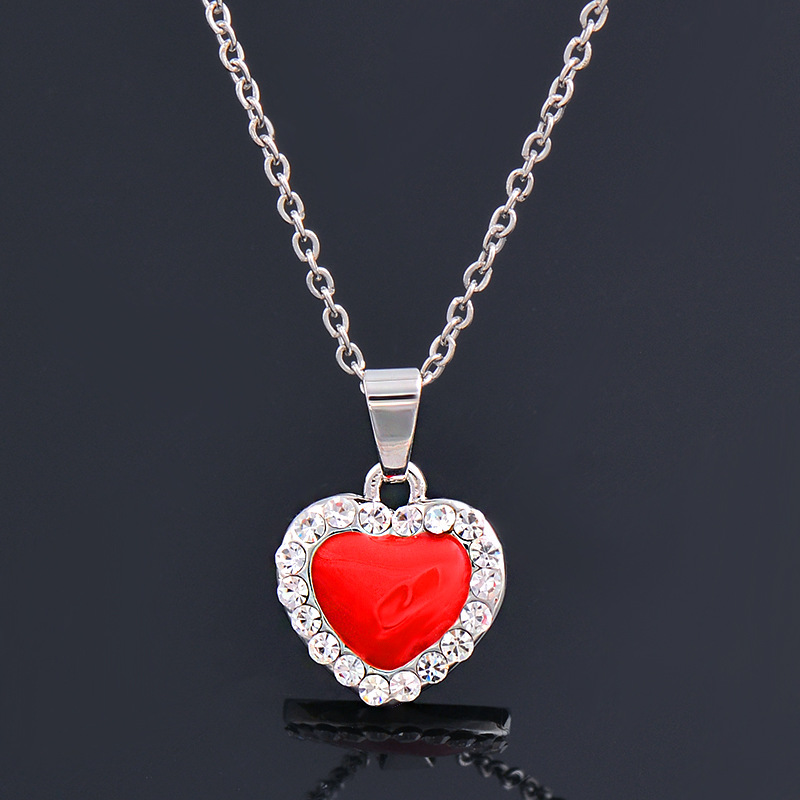 Fashion Heart Shape Titanium Steel Enamel Inlay Rhinestones Pendant Necklace 1 Piece