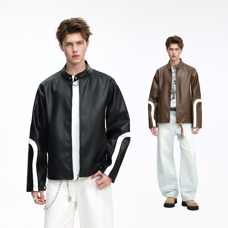 Men's Retro Color-Block Leather Jacket Autumn and Winter Trendy Daily Commute Coat Biker Jacket Stylish Stand-Collar Fashion Jacket for Men Men's Retro Color-Block Leather Jacket Autumn and Winter Trendy Daily Commute Coat Biker Jacket Stylish Stand-Collar Fashion Jacket for Men