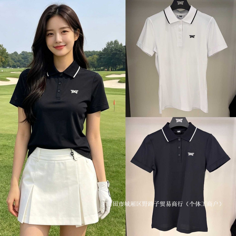 Golf apparel letter-printed lapel short-sleeve T-shirt, casual quick-dry breathable pique fabric top