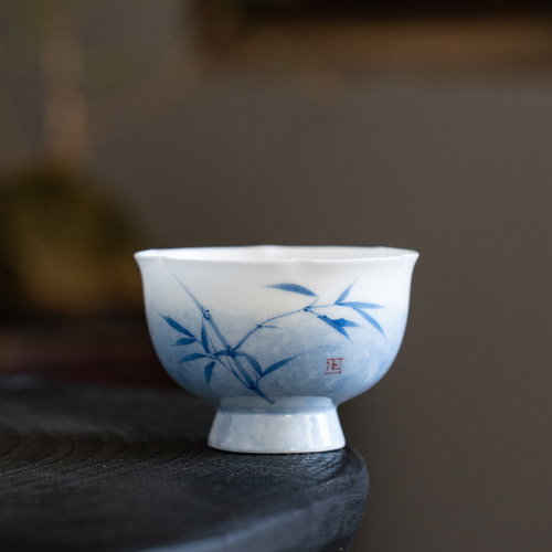 Hand-painted blue bamboo lace tall master cup household tea cup single cup ceramic Kung Fu tea set single tea cup