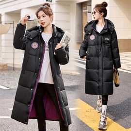 休闲风长款羽绒服女2025冬季新款韩系时尚百搭连帽贴标白鸭绒外套