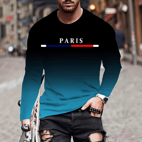 TEMU Autumn Clothing European Size Gradient Retro 3D Digital Printed Men's Long Sleeve Crew Neck Pullover T-Shirt