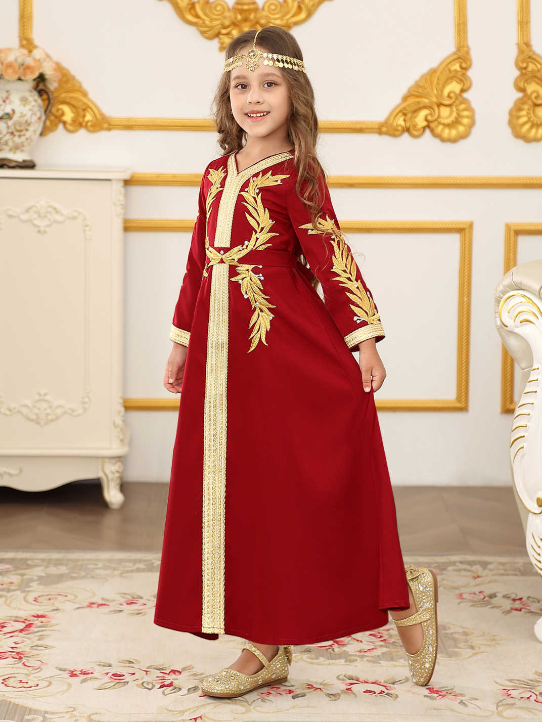 Transfronterizo Amazon vestido largo para niños nuevo cinturón de manga larga encaje vestido de niña bordado de color puro