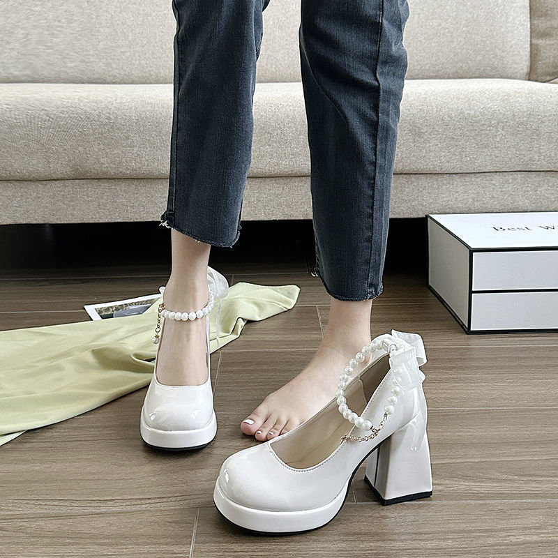 2025 Pearl Mary Jane Shoes French Niche Chunky Heel Single Shoes for Women with Bow High Heels and Ankle Strap Shoes 2025 Pearl Mary Jane Shoes French Niche Chunky Heel Single Shoes for Women with Bow High Heels and Ankle Strap Shoes