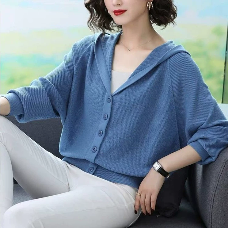 Однотонный однобортный свитер с капюшоном, женский короткий маленький внешний вязаный кардиган в Корейском стиле с рукавами «летучая мышь» 2021 года для осени и зимы