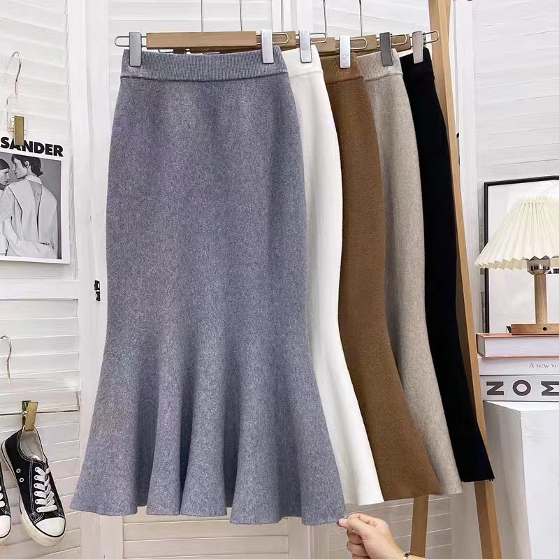 GraceChic Mid-Length Knitted Mermaid For Women 2023 Autumn Winter French Retro Versatile High Waist Bodycon Elegant Half Skirt_voghion.com