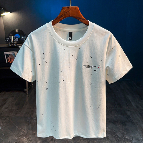 Trendy Ink Wash T-Shirt Short Sleeve Men's Summer Thin Round Neck Large Size Breathable Sweatshirt High-Count High-Density Embroidered White T Street Style
