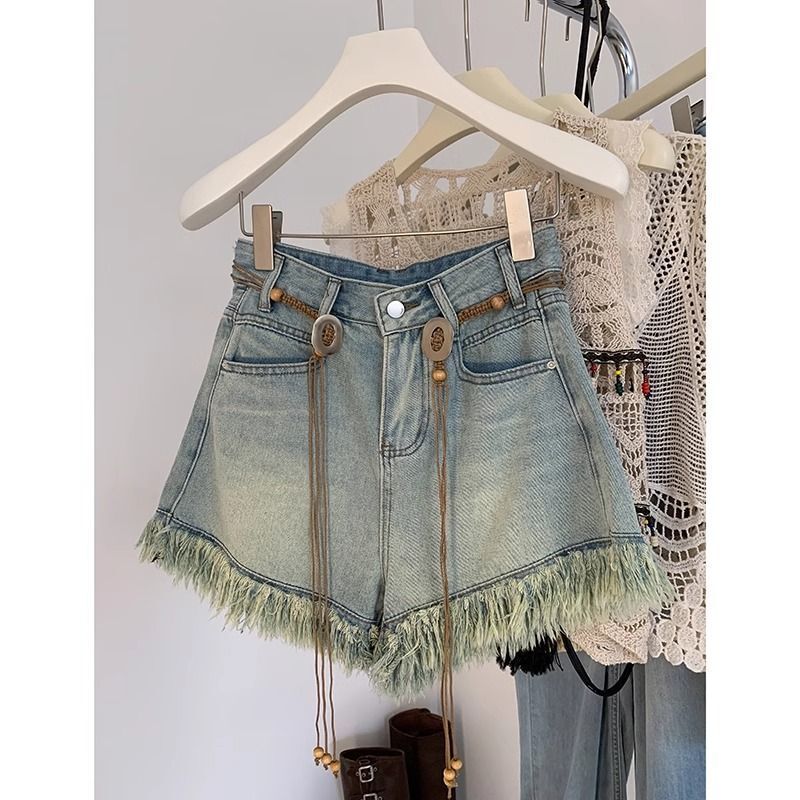 Tassel Raw Edge Denim Shorts for Women Summer 2025 New Style Petite Design High Waist Wide Leg A-Line Hot Pants