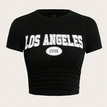 2025夏季新款亚马逊欧美字母印花街头潮流圆领女t恤短袖上衣