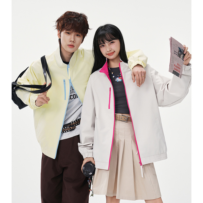 Spring and autumn new color-blocked stand-up collar jacket for men and women, trendy brand ins, stylish and versatile dopamine jacket for teenagers
