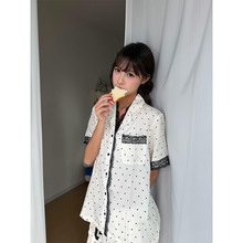 甜美波点奶白蕾丝花边冰丝睡衣女夏季新款大码长裤家居服套装外穿