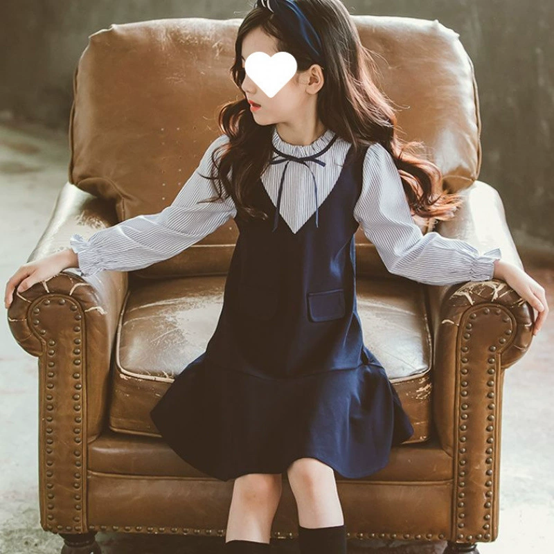 Платье для девочек, весенне-осеннее платье с длинными рукавами, новинка 2025 года, стильное детское платье, состоящее из двух частей, платье средней длины для учеников начальной школы, академии