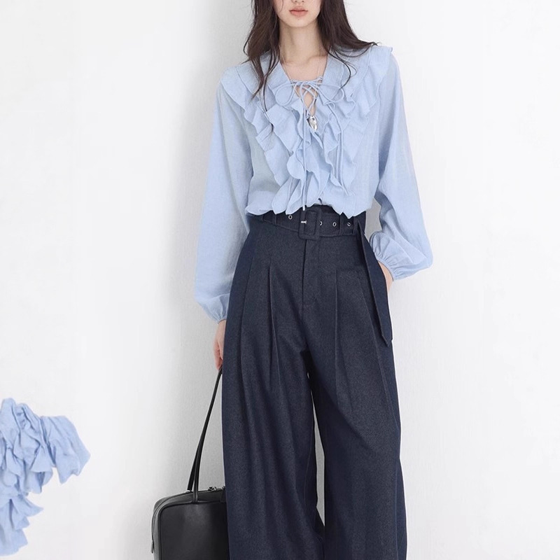 Chachastu French Fashionable Pink Ruffled Lace-Up Top for Women Early Autumn High-End Long-Sleeved V Neck Shirt