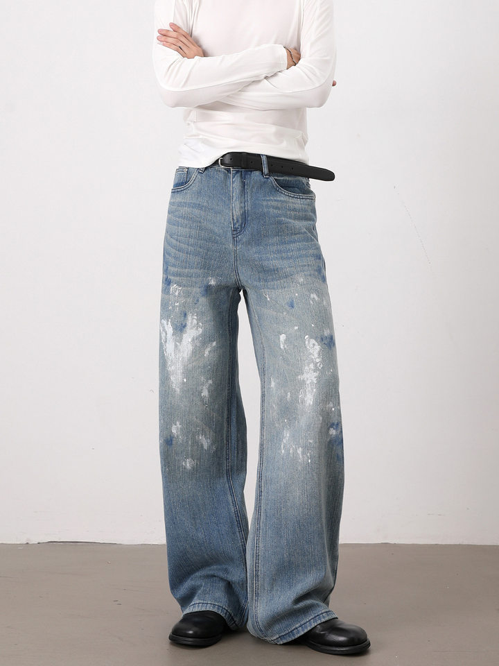 Quần jeans nam ống rộng dáng thẳng phong cách Hàn Quốc, họa tiết vẽ tay độc đáo — Màu xanh dương