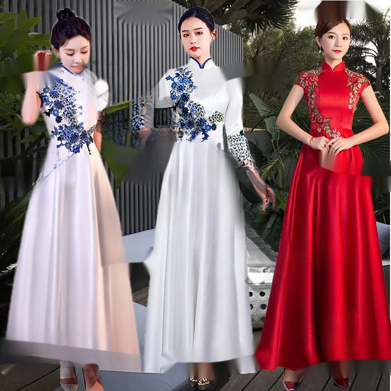 Etiquette Reception Clothing Etiquette Cheongsam Dress Miss Gold Shop Event Wind Blue and White Award Dress Hotel Reception Etiquette Reception Clothing Etiquette Cheongsam Dress Miss Gold Shop Event Wind Blue and White Award Dress Hotel Reception