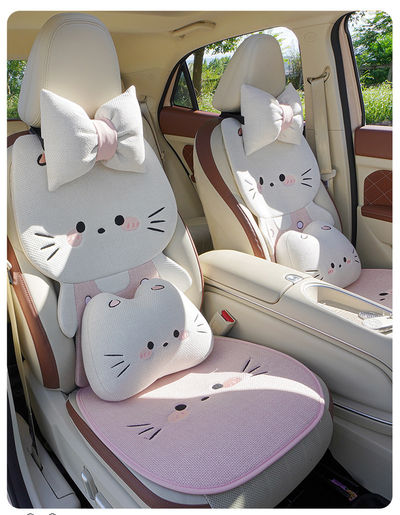 Internet Celebrity Car Seat Cushion for All Seasons, Linen Breathable Car Rear Seat Cushion, Cute Cat Cartoon Seat Cover for Women