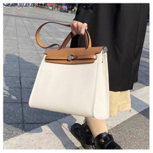 新款凯丽包拼色帆布手工herbag包真皮大容量手提包女士单肩斜挎包