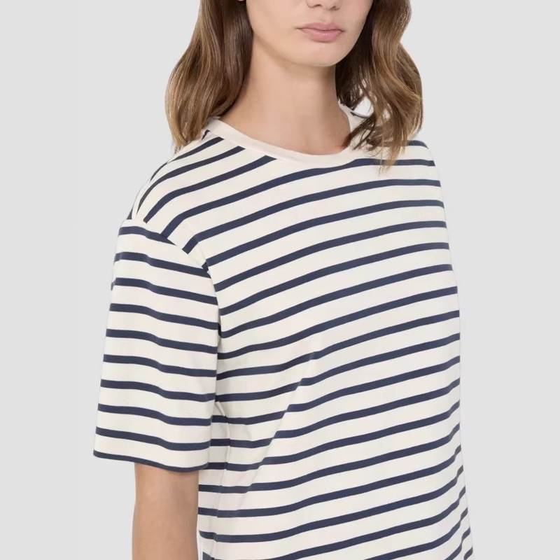 Max's 2026 Spring and Summer New Striped Round Neck Short-Sleeved T-Shirt for Women