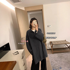 秋冬新款女士半拉链纯色套头中长款开衩针织毛衣百搭jby275083
