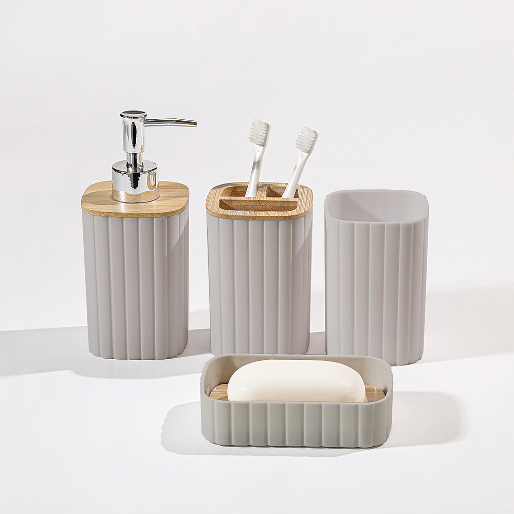 Juego de lavado de baño de plástico a rayas transfronterizas Hotel B & B Botella de loción con tapa de madera Taza de enjuague bucal Taza de cepillo de dientes Juego de 4 piezas