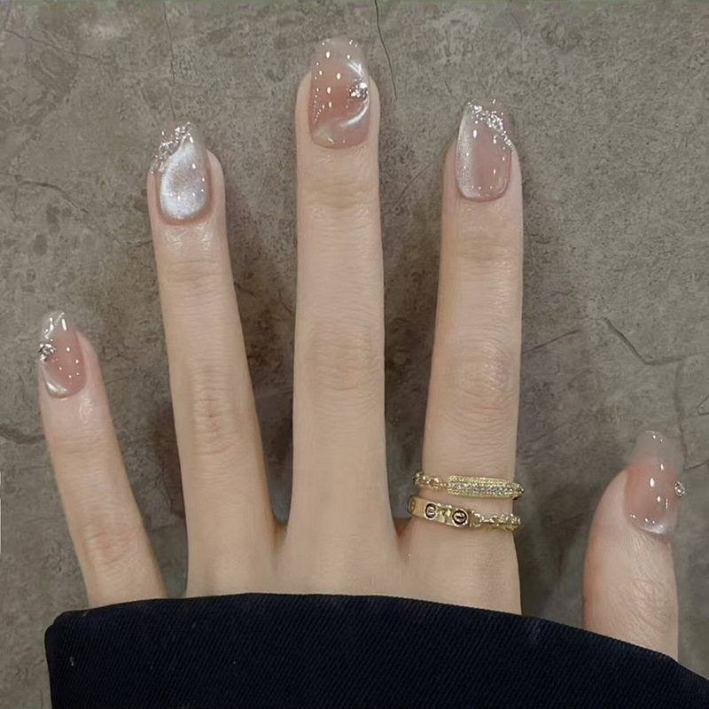 Pearlescent Cat-Eye Shiny Diamond-Wearing Nails Short Style 30 Pieces Full-Size Nail Art Pieces New Fake Versatile Nail Patches