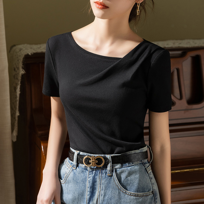 Camiseta modal de manga corta para mujer 2023 nuevas mujeres europeas fuera del hombro swing collar color sólido camiseta plisada cintura superior image 3
