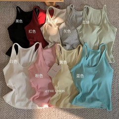 辣妹挂脖式吊带背心女带固定乳胶胸垫遮副乳修身百搭美背上衣