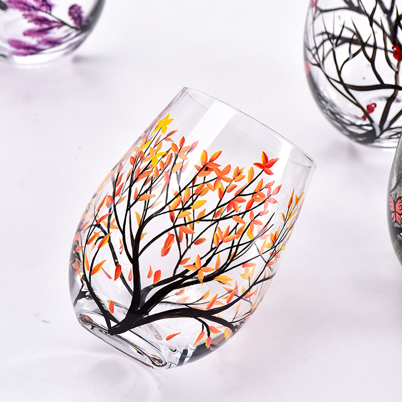 Tazas de vino pintadas a mano de cuatro estaciones de tazas de árboles de alto pie caseras de vinos creativos conjuntos no yx