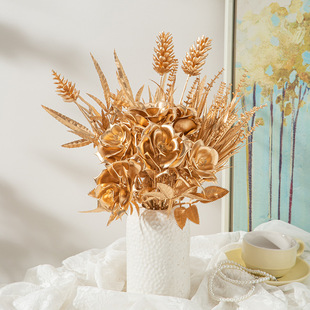 Hall Decoration Wedding Golden Plastic Artificial Flowers Home Decoration Fake Flowers Eucalyptus Ginkgo Leaf Series Golden Flowers Wholesale