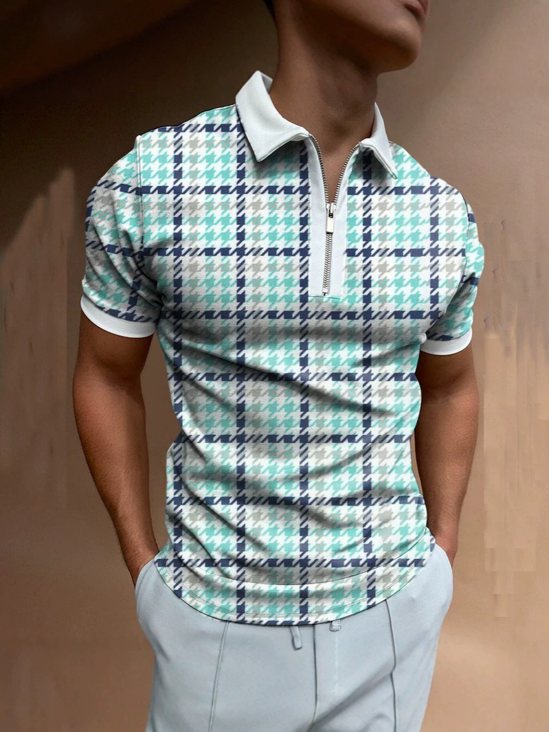 European and American summer new style classic plaid fashion digital print men's short-sleeve button-up polo shirt
