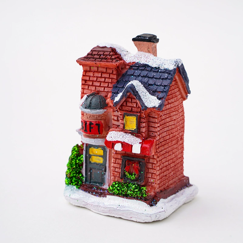 Miniature resin house decorations, micro landscape LED models, battery‑powered, assorted sizes 7–10 cm