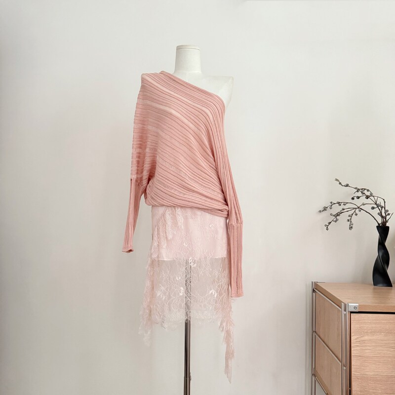 Goddess of Beauty Arrival: Asymmetrical Shoulder Hollowed-Out Casual Wool Knit Sweater, Long-Sleeve Top, Skirt Set, Pink Top, Other Goddess of Beauty Arrival: Asymmetrical Shoulder Hollowed-Out Casual Wool Knit Sweater, Long-Sleeve Top, Skirt Set, Pink Top, Other
