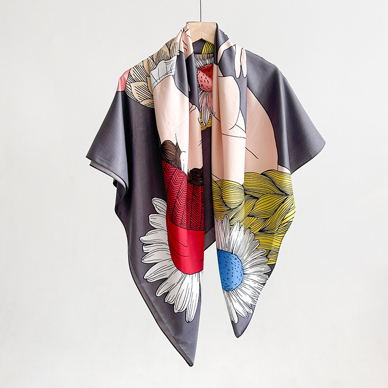 Tendencia japonesa y coreana, bufanda cuadrada grande con estampado de nicho, estilo INS, sentido de diseño simple, temperamento de moda para mujer, mantón de sarga 130