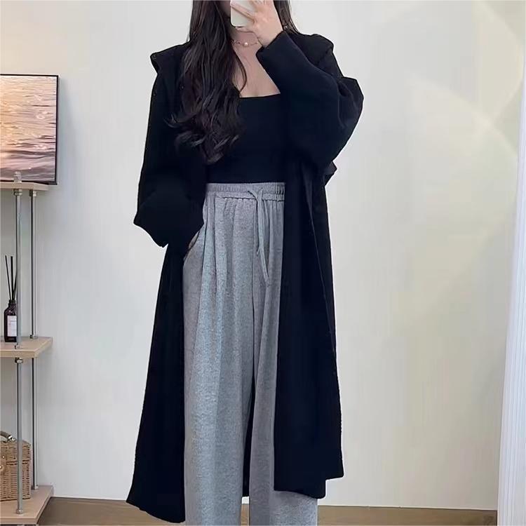 秋冬季新款长款开衫女高级感宽松慵懒风连帽韩系百搭针织外套大衣|undefined