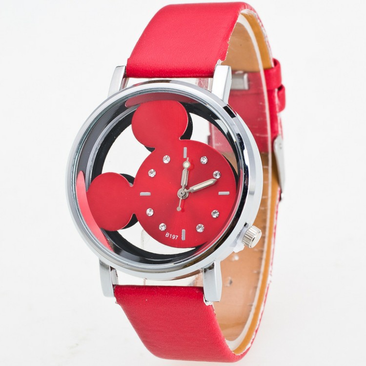 En stock moda simple de doble cara hueca Mickey reloj de cuarzo estudiante lindo cinturón Mickey Mouse reloj para niños