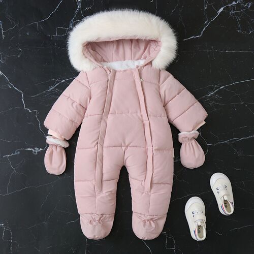 Cross-border exclusive faux fur hooded winter baby suit with integrated mittens, 2024 new climbing suit for babies