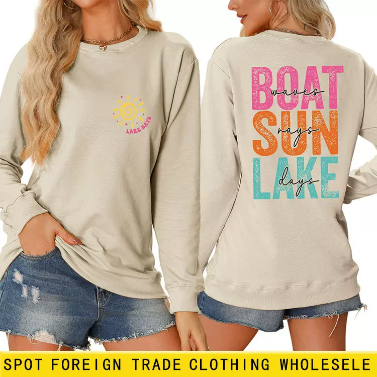 亚马逊wish时尚百搭个性女士秋冬boat sun lake waves长袖衫卫衣
