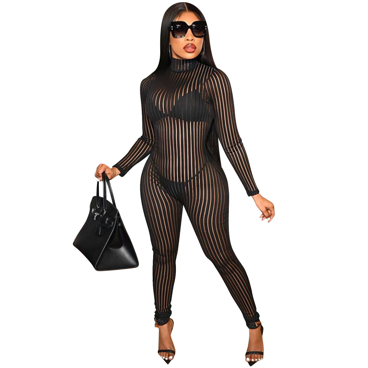 C5345 nuevos productos transfronterizos Aliexpress Amazonas perspectiva sexy ropa de mujer estriada pantalones de manga larga
