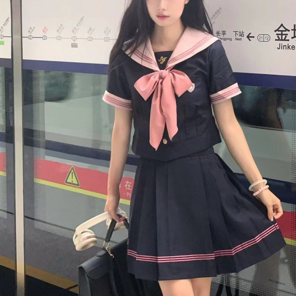 일본 대학 스타일 JK 유니폼 세트 여자 여름 새 해군 칼라 반팔 셔츠 탑 주름 치마 투피스 세트