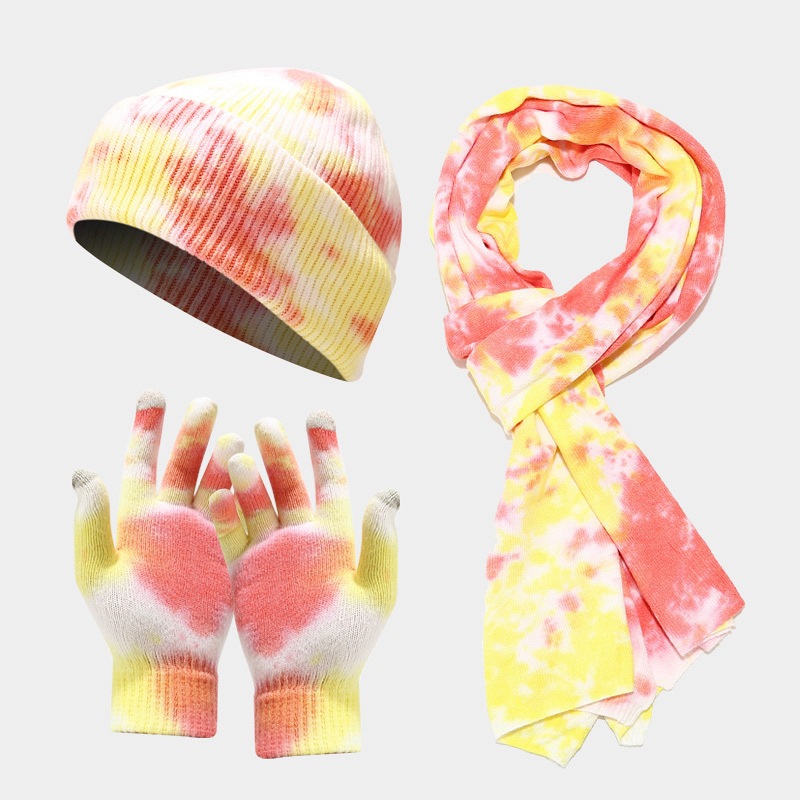 New Tie Dyed Knitted Glove Scarf Women's Autumn and Winter Outdoor Cold Protection Hat Three piece Set for Men_voghion.com