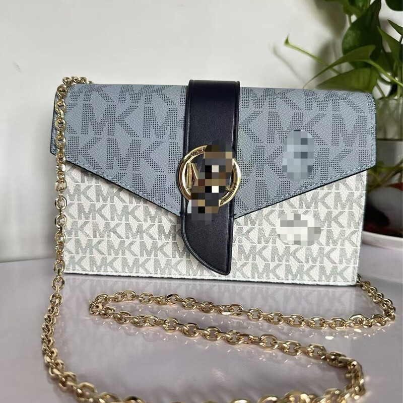 Original Mk Chain Small Square Bag for Women, Fashionable and Trendy with Letter Color-Blocking, 2023 Autumn and Winter New Model, Versatile Shoulder and Crossbody Bag
