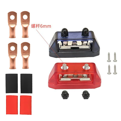 Power supply, ignition system accessories, 12-48v modified line wiring - m6-wiring-screw-terminal-block-red-black-pair-multi-screw-copper-lugs-heat-shrink-tubing