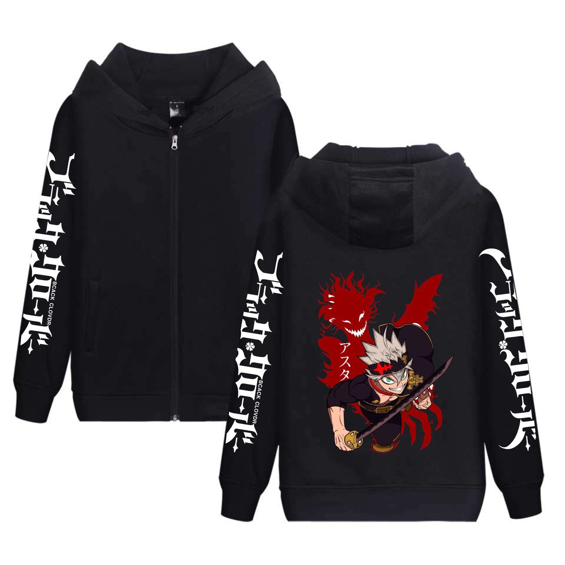 Trébol de cuatro hojas negro nuevo estilo transfronterizo Black Clover más sudadera con capucha de terciopelo con cremallera suéter de pareja