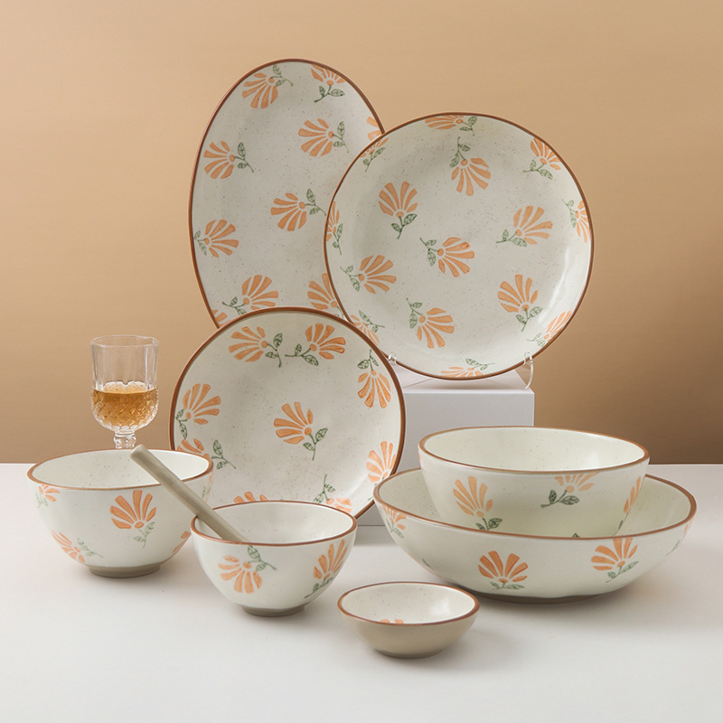 Sunflower Bowl dish suit household Japanese style fresh ceramic tableware underglaze rice bowl stoneware handmade plate