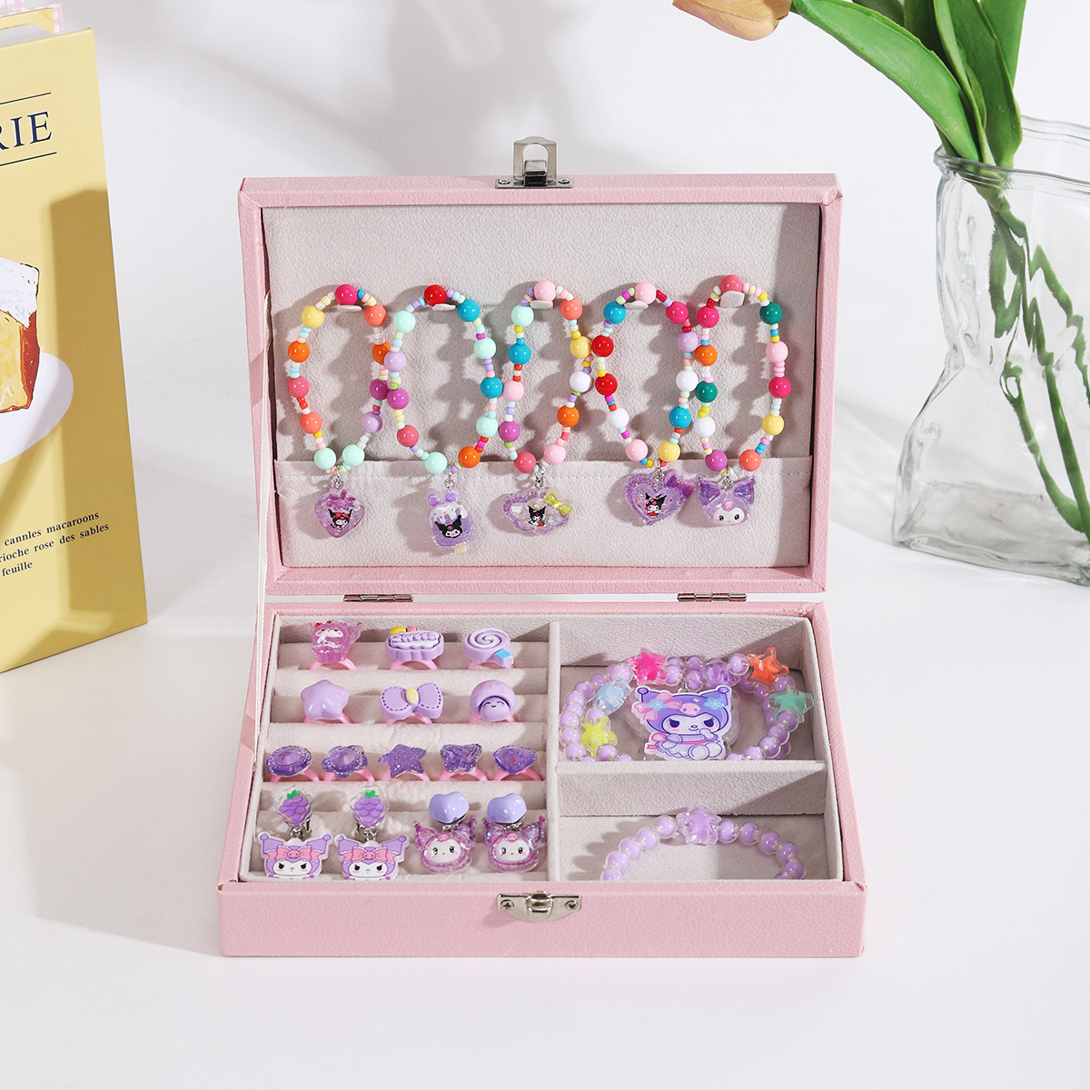 Juego de pulsera de anillo de clip de oreja de Kulomi de dibujos animados Caja de regalo Caja de joyería exquisita princesa para niños Regalo de cumpleaños para niñas