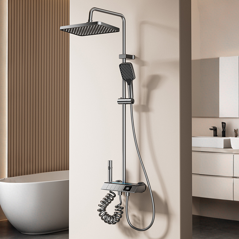 Fábrica transfronteriza ABS pistola gris 4 función presurizada calentamiento frío pantalla digital atmósfera lámpara ducha fuente de baño doméstico al por mayor